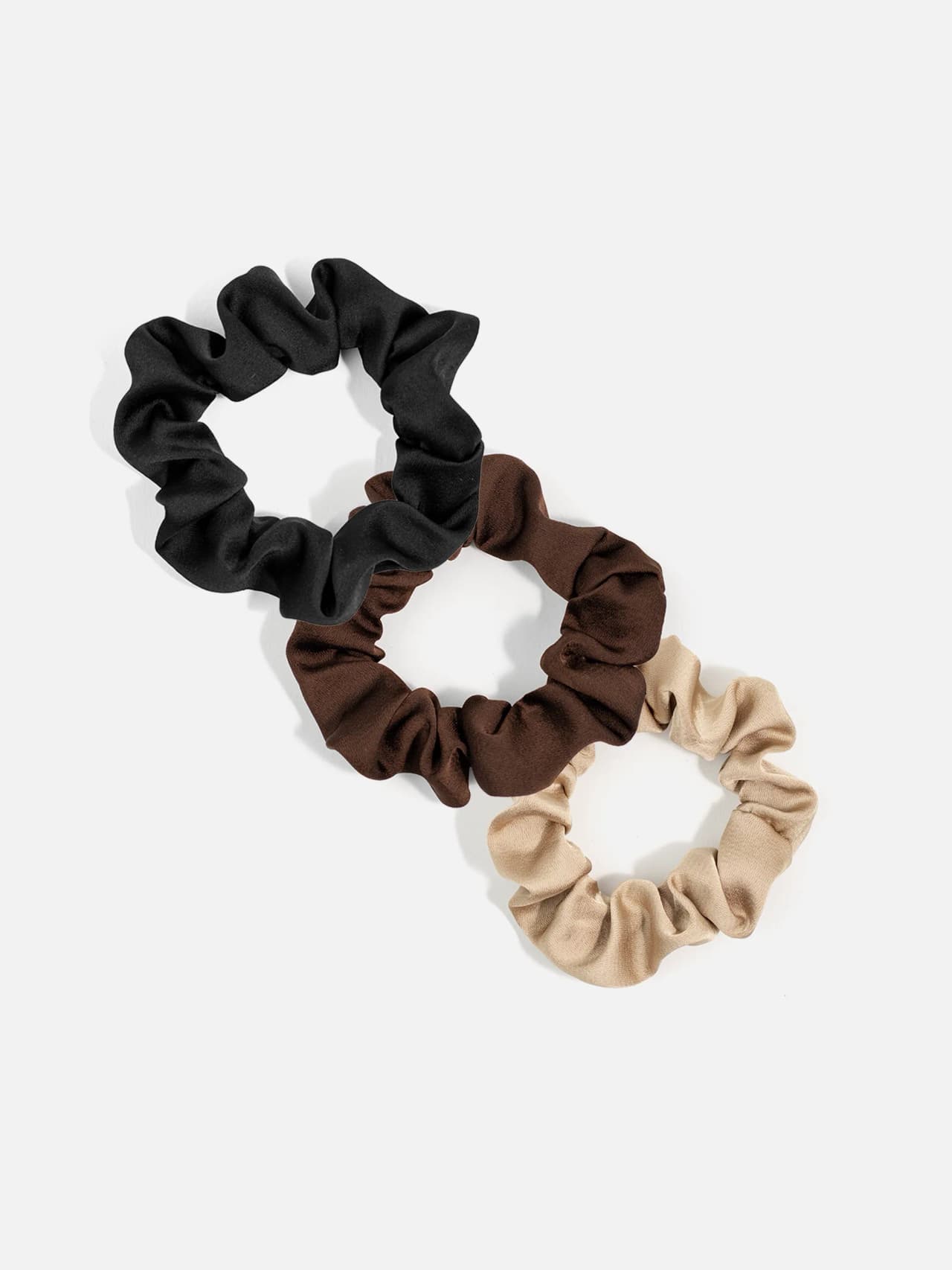 Scrunchie 3-Pack Satin Svart Brun Beige – Neutrala Hårsnoddar