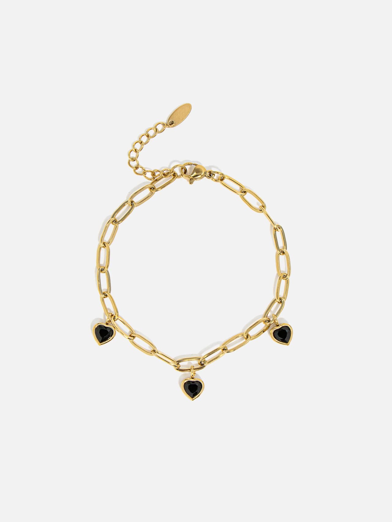 18K guldpläterat kedjearmband med tre svarta hjärtformade stenhängen – Le Lika
