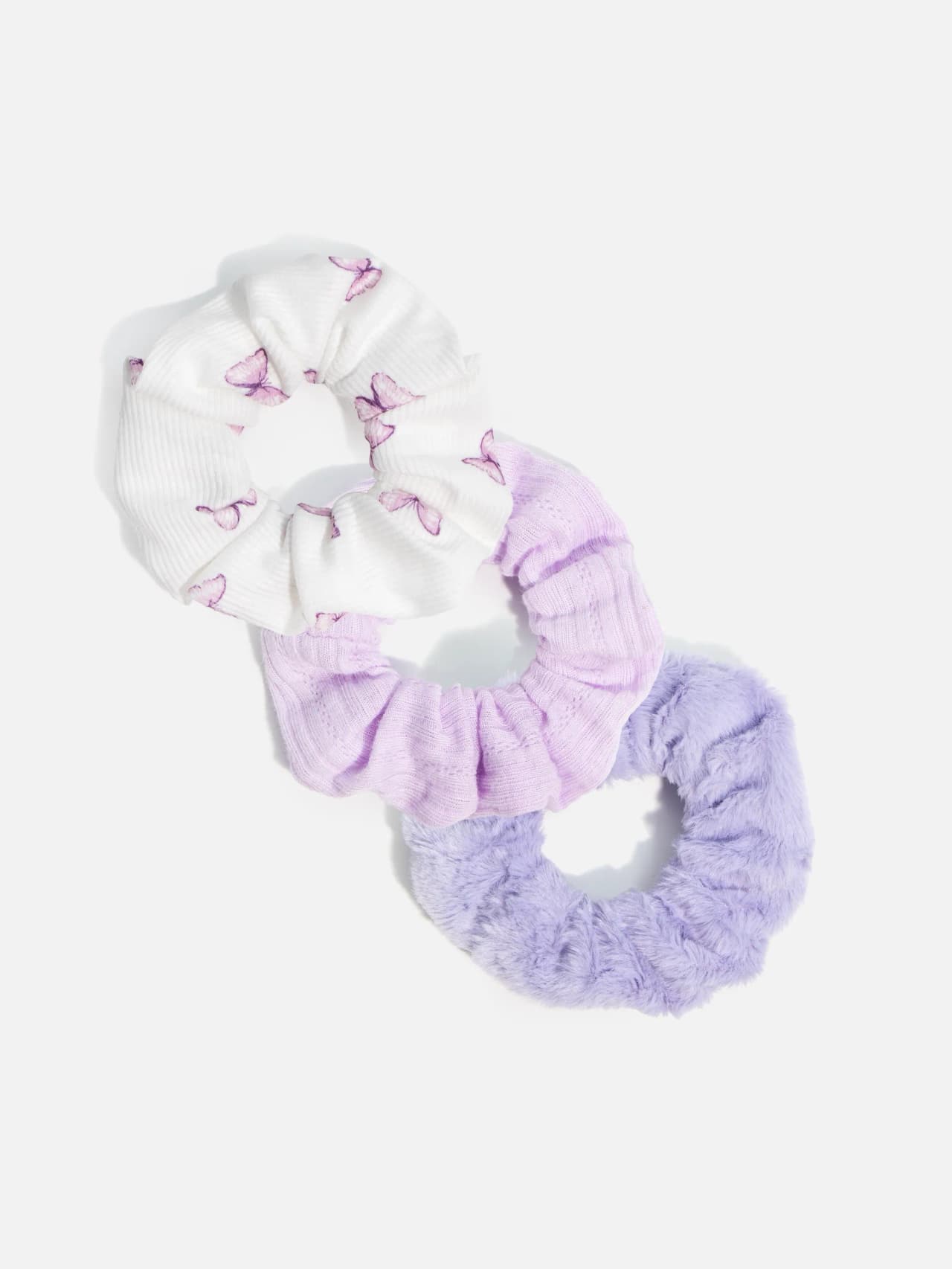 Scrunchie 3-Pack Fjärilar Lila – Ribbad, Stickad och Plush