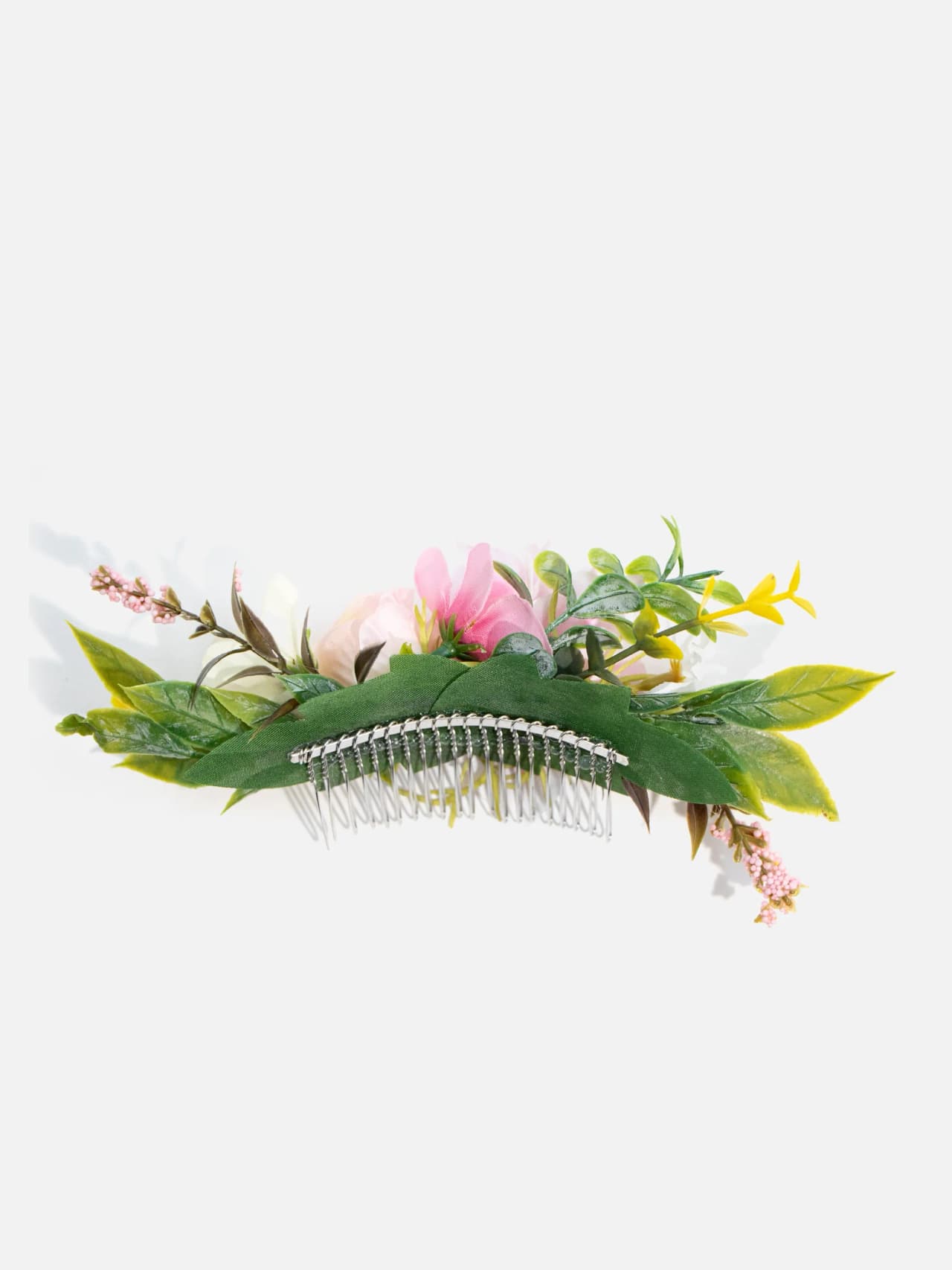 Baksida av ljusrosa blommig hårkam med flexibel silverfärgad metallkam