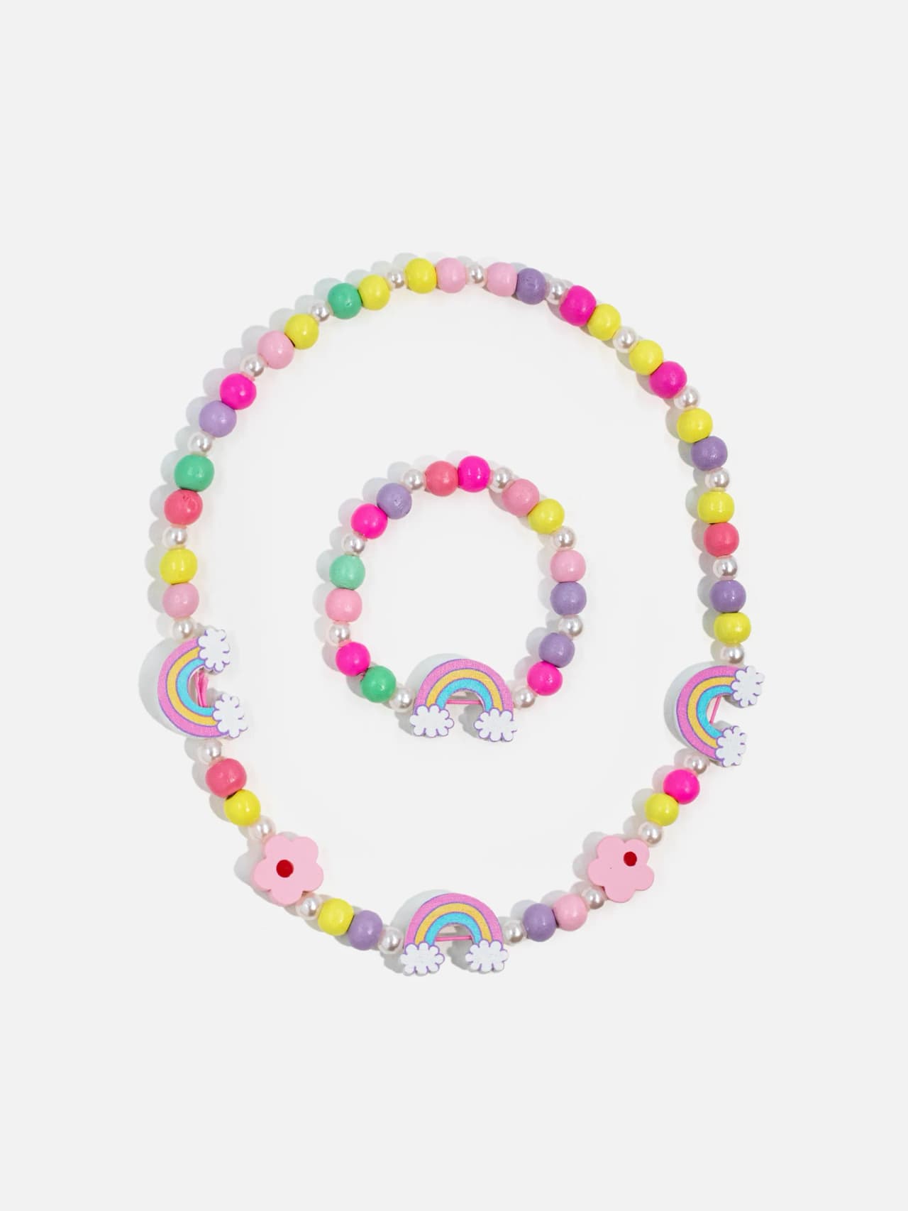Färgglatt halsband och armband för barn med pärlor, blommor och regnbågar