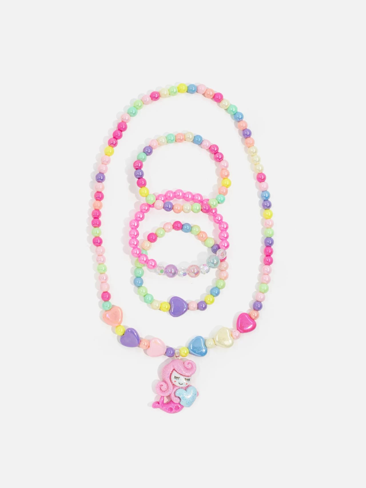 Barnsmyckeset med pastellfärgat pärlhalsband, tre armband och rosa sjöjungfruhänge