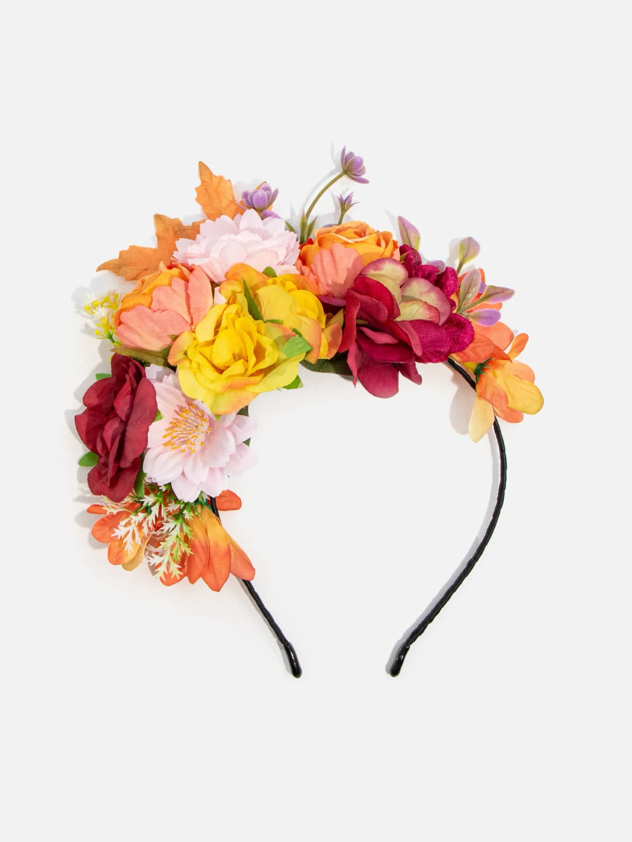 Färgglatt blomdiadem med konstgjorda blommor i varma toner på svart bas