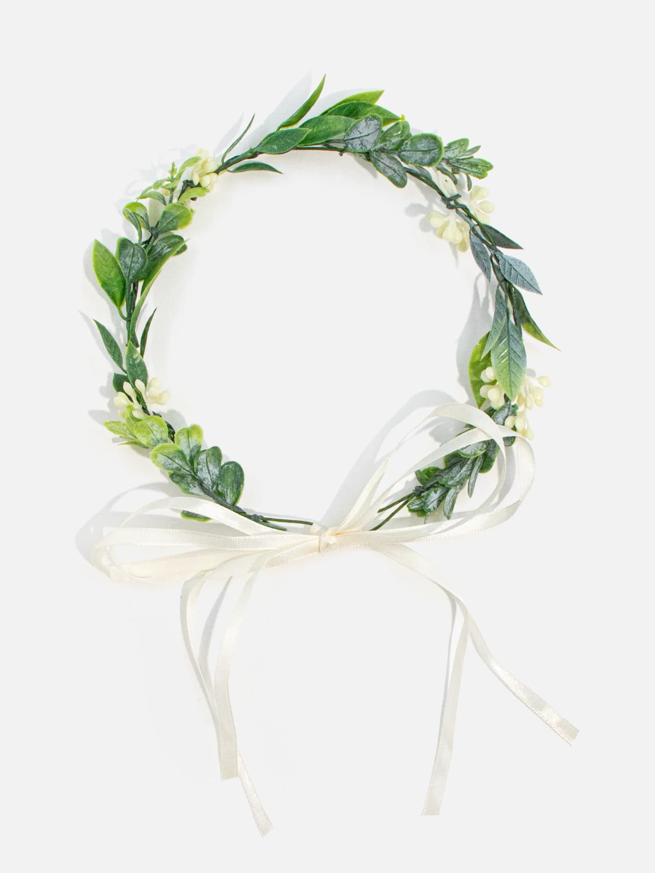 Blomkrans i vitt och grönt med justerbart band för midsommar och bröllop