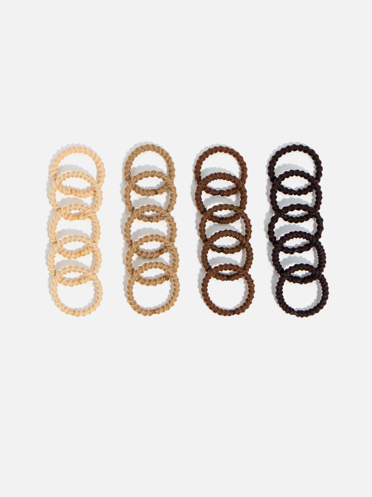 Elastiska hårsnoddar 20-pack i fyra bruna nyanser – beige, kamel, brun och mörkbrun