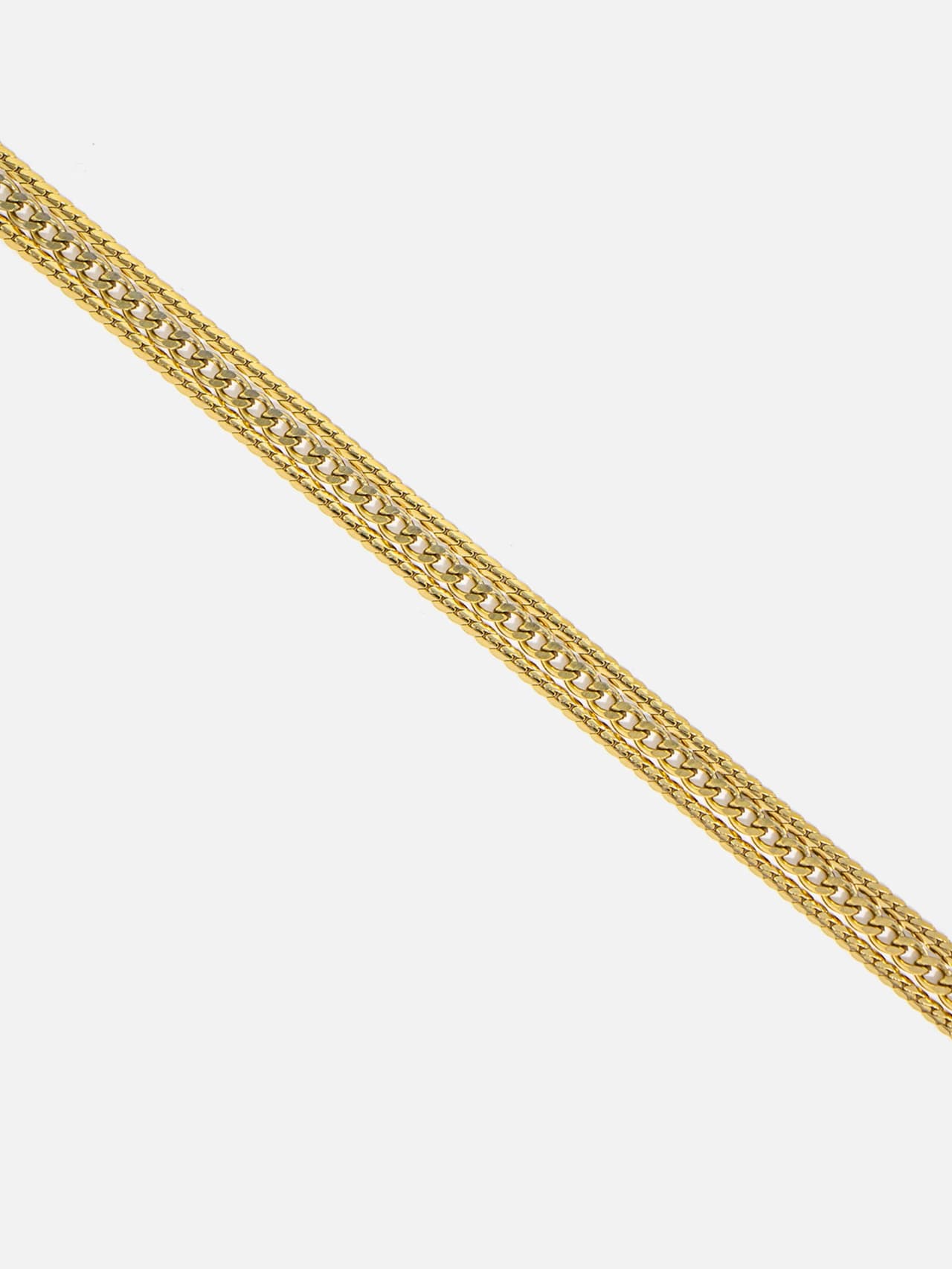 Närbild på flerskiktat guldarmband rostfritt stål 14K – tre parallella kedjor i detaljvy