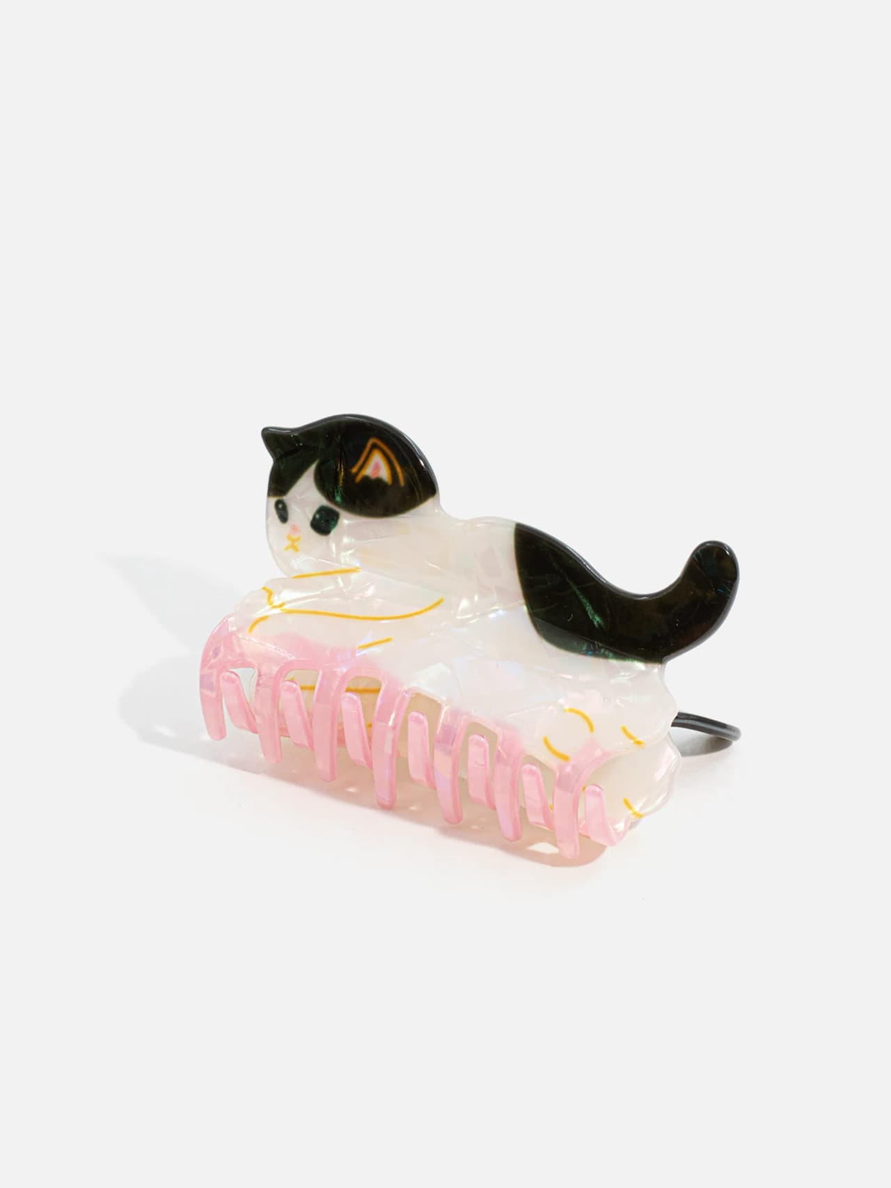 Hårklämma med kattmotiv i pärlemor, svart och rosa transparent klo