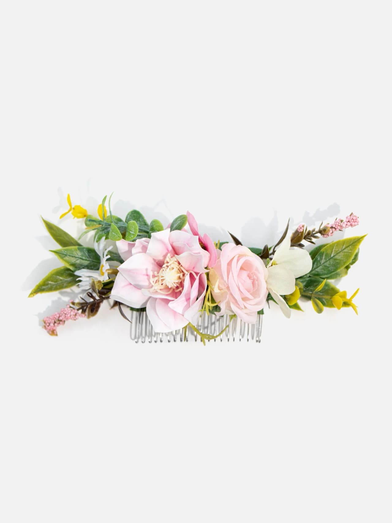 Ljusrosa blommig hårkam med gröna blad och silverfärgad metallkam för midsommar och fest