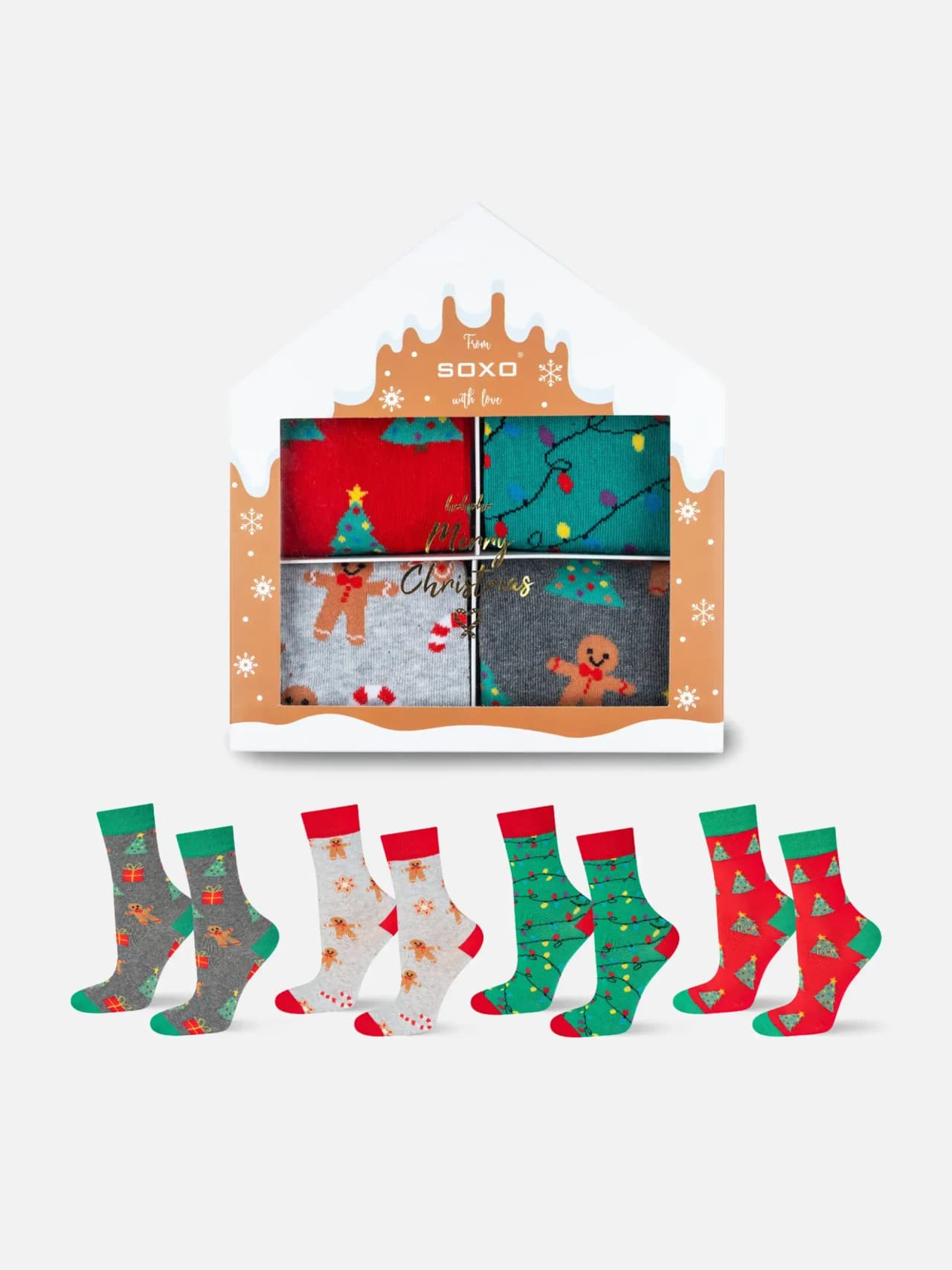 Roliga Strumpor Julmys – Dam 4-pack med Pepparkaka & Julgran