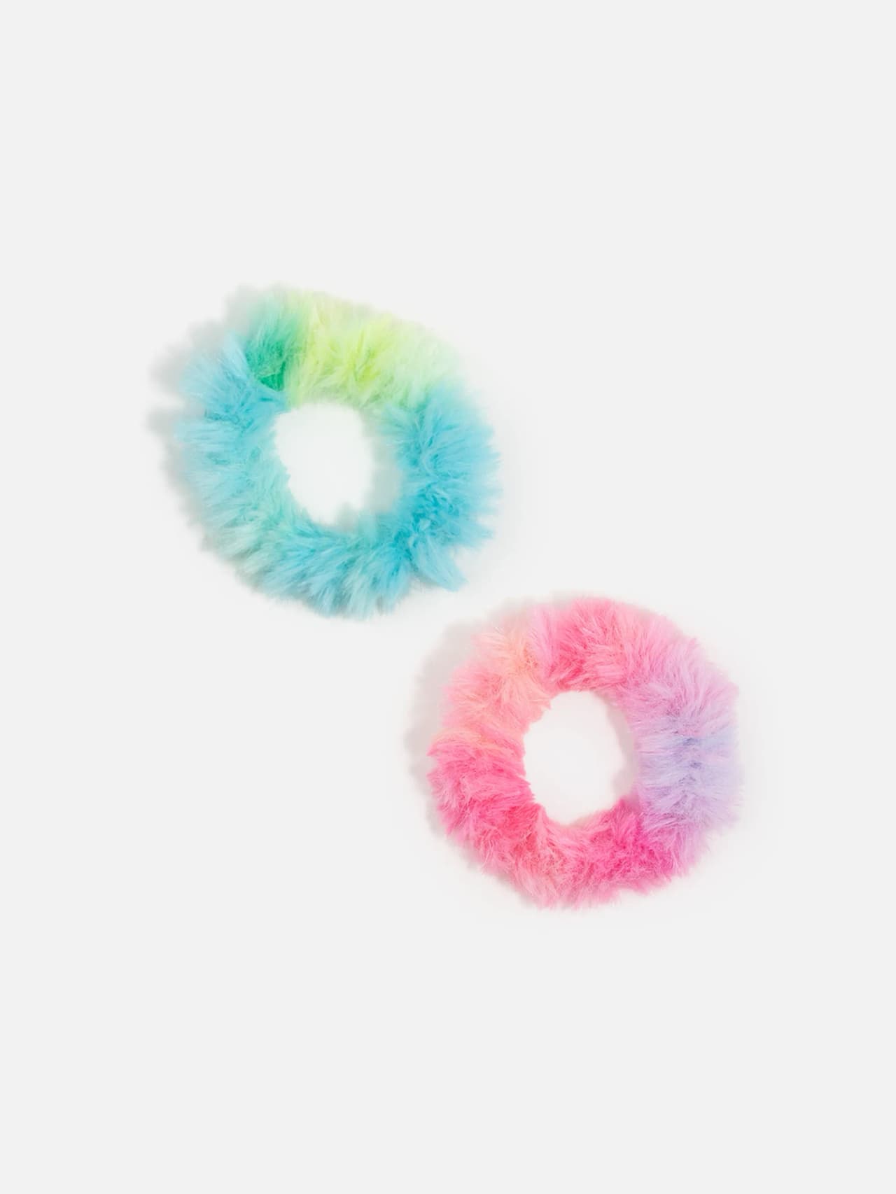 Scrunchie 2-pack fluffig regnbåge i turkos och rosa gradient från Le Lika