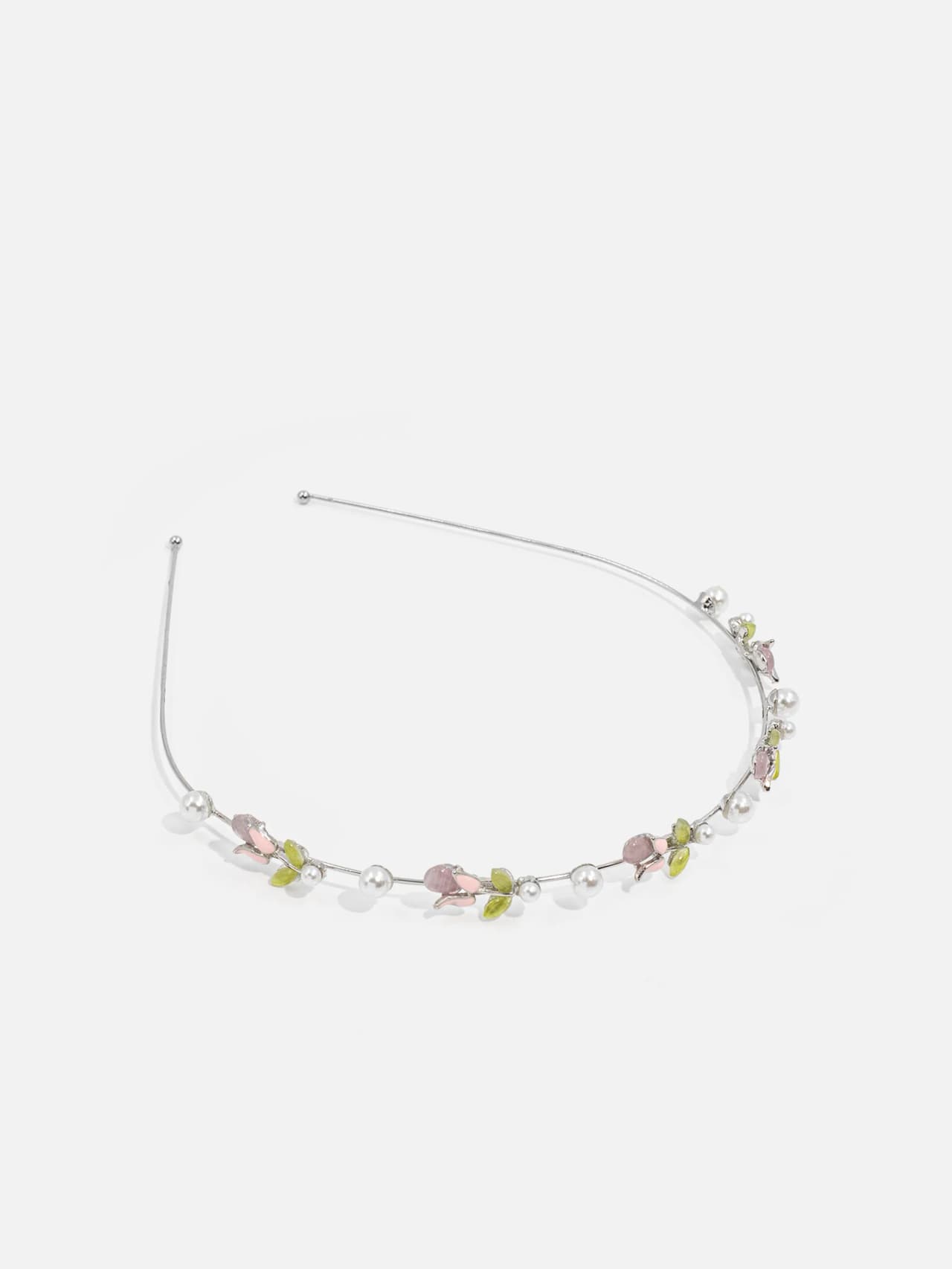 Silverfärgat tunt blomdiadem med pärlliknande detaljer och ljusrosa samt ljusgröna dekorationer
