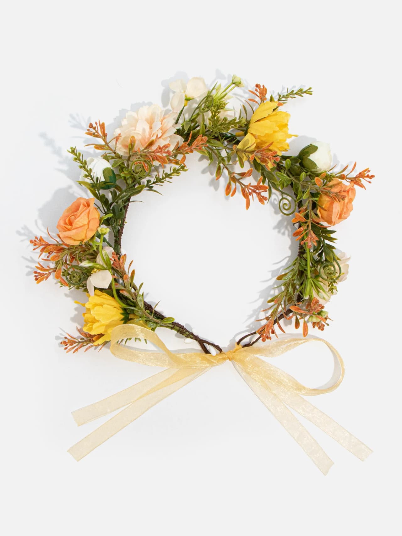 Stor blomkrans i gult och grönt med justerbart band för midsommar och bröllop