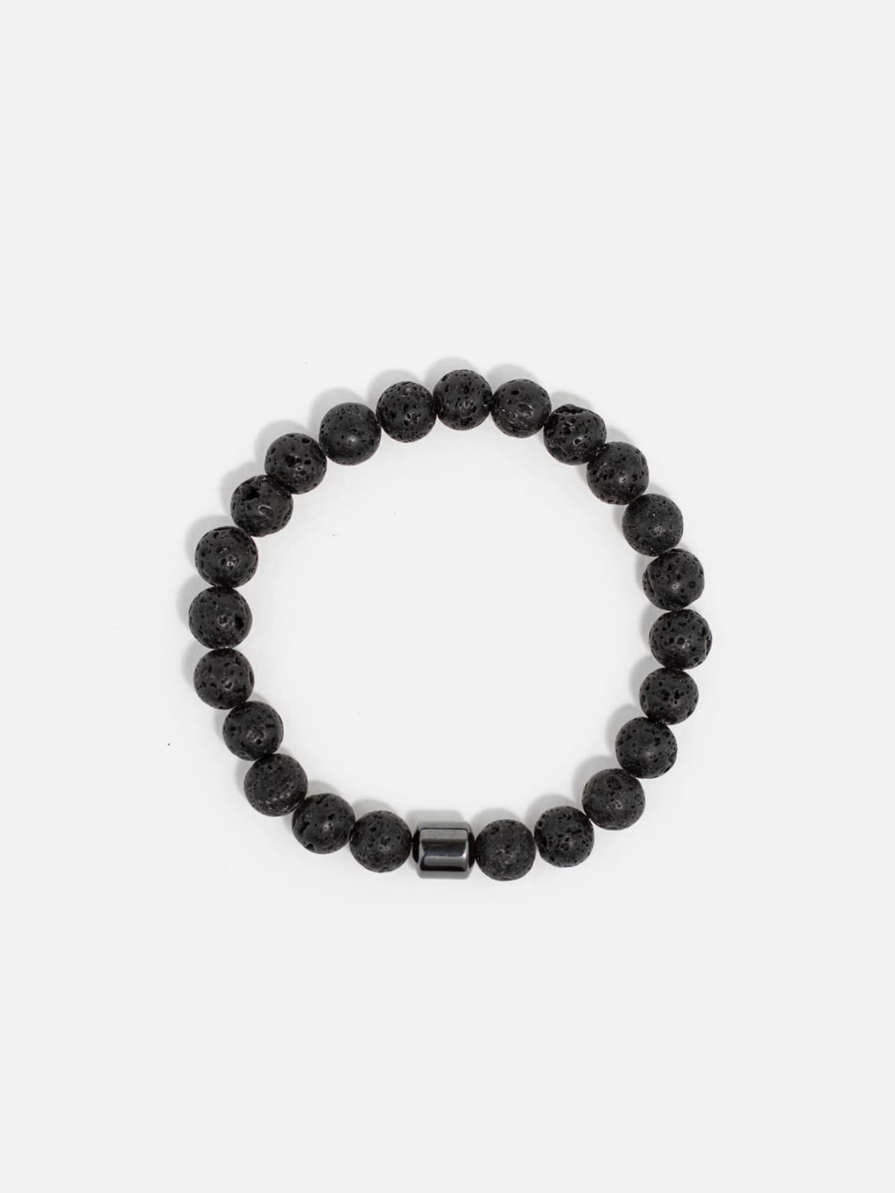 Svart lavasten-armband med hematitpärla – elastiskt aromaterapi naturstensarmband