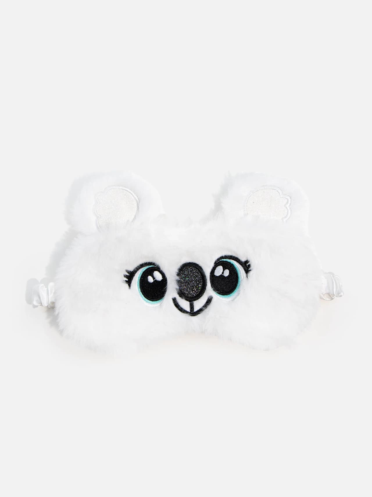 Vit fluffig koala sovmask för barn med rundade öron, stora broderade ögon, svart nos och elast