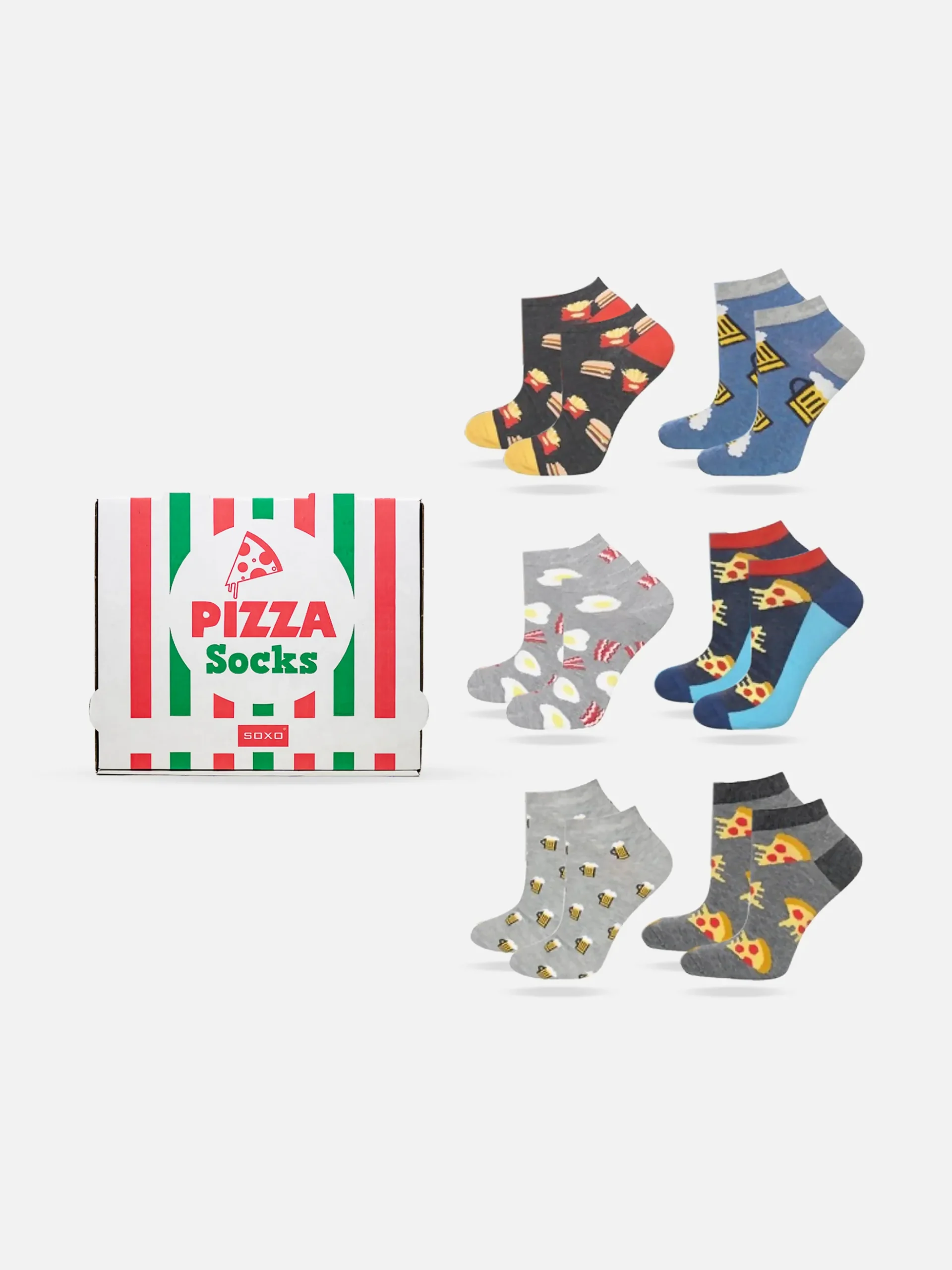 Färgglada roliga strumpor i pizza box