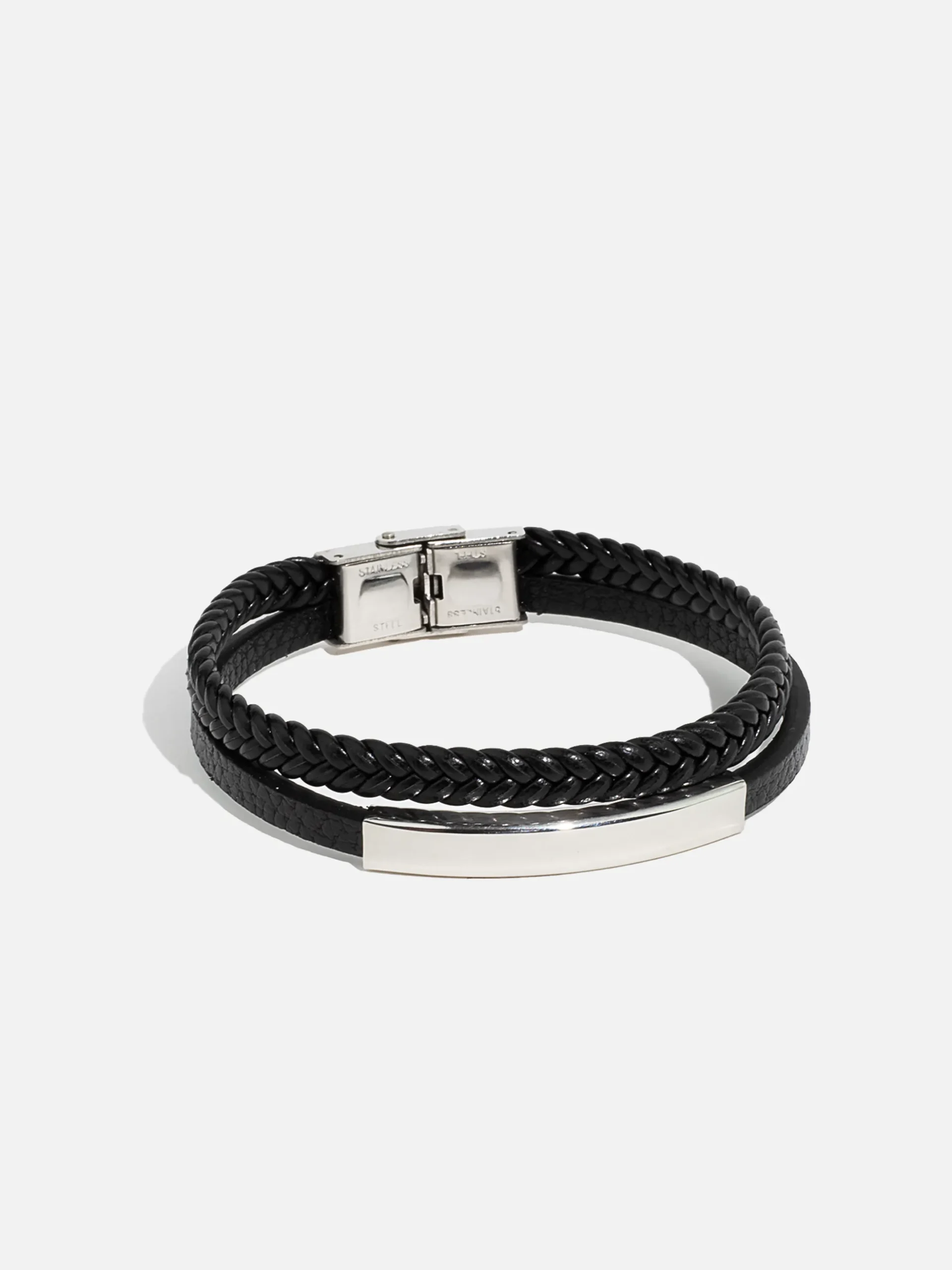 Svart armband i PU-läder med silverplatta och silverlås för män