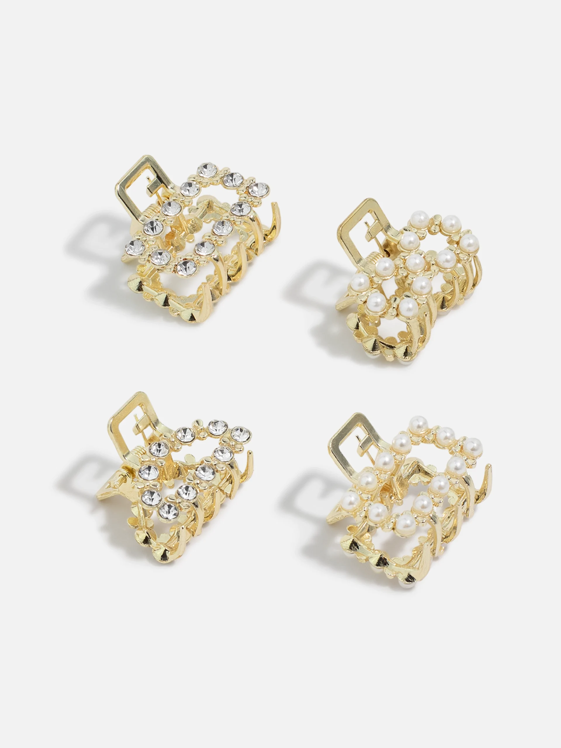 Guldfärgade metallhårklämmor med kristaller och pärlor – 4-pack eleganta håraccessoarer.