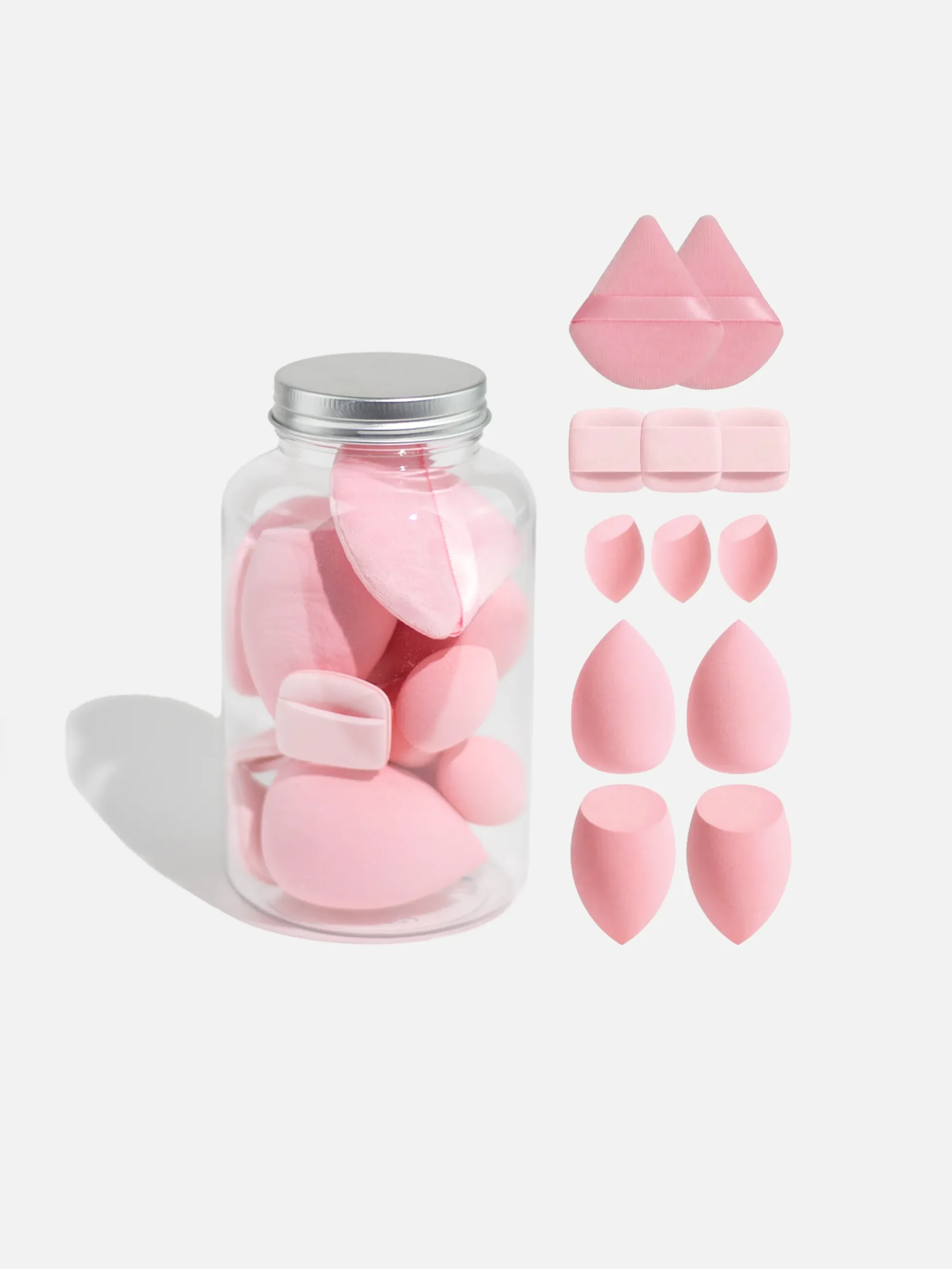 Rosa Makeup Blender 12-pack med olika sminksvampar.