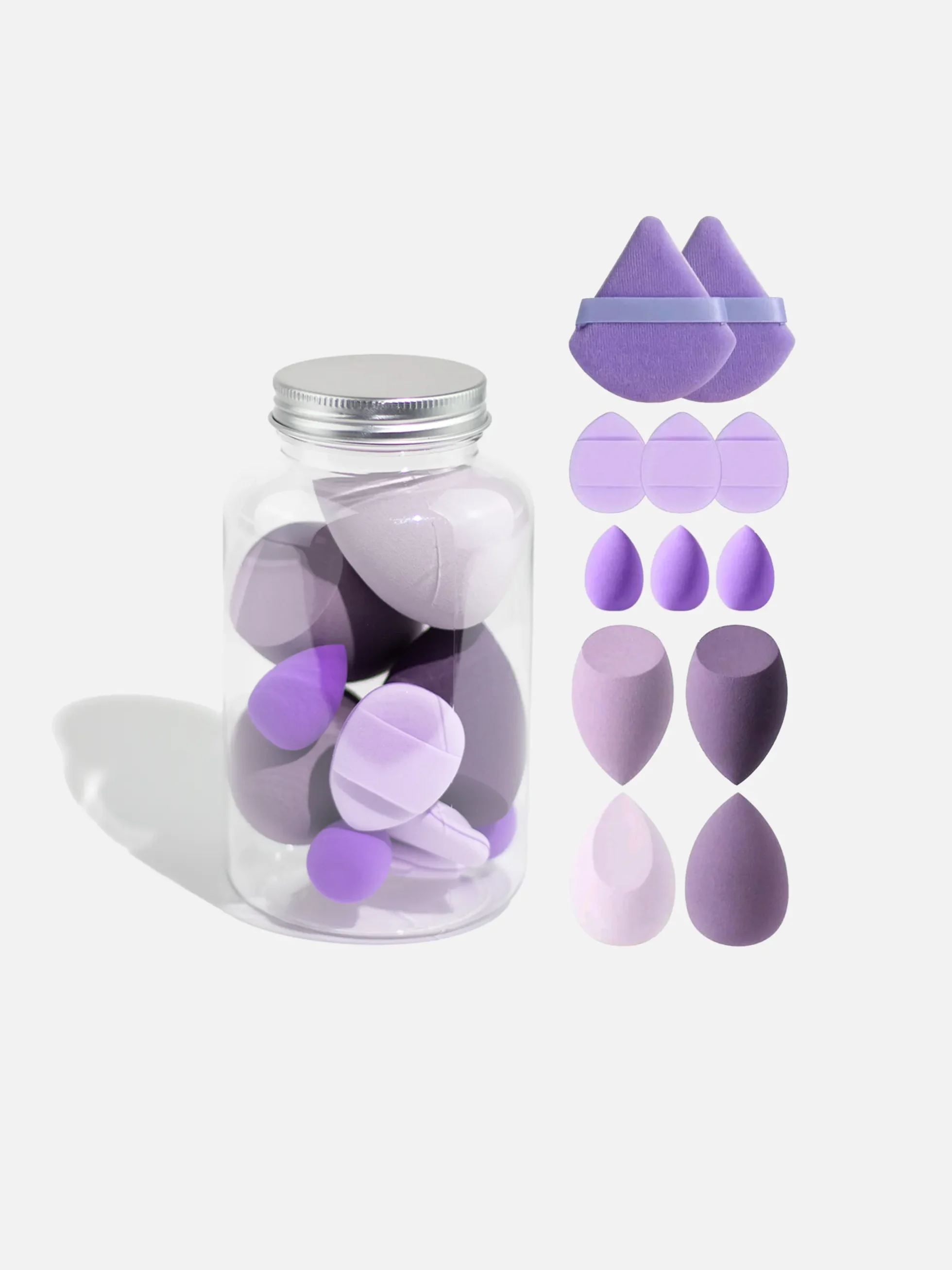 Violett Makeup Blender 12-pack med olika sminksvampar.