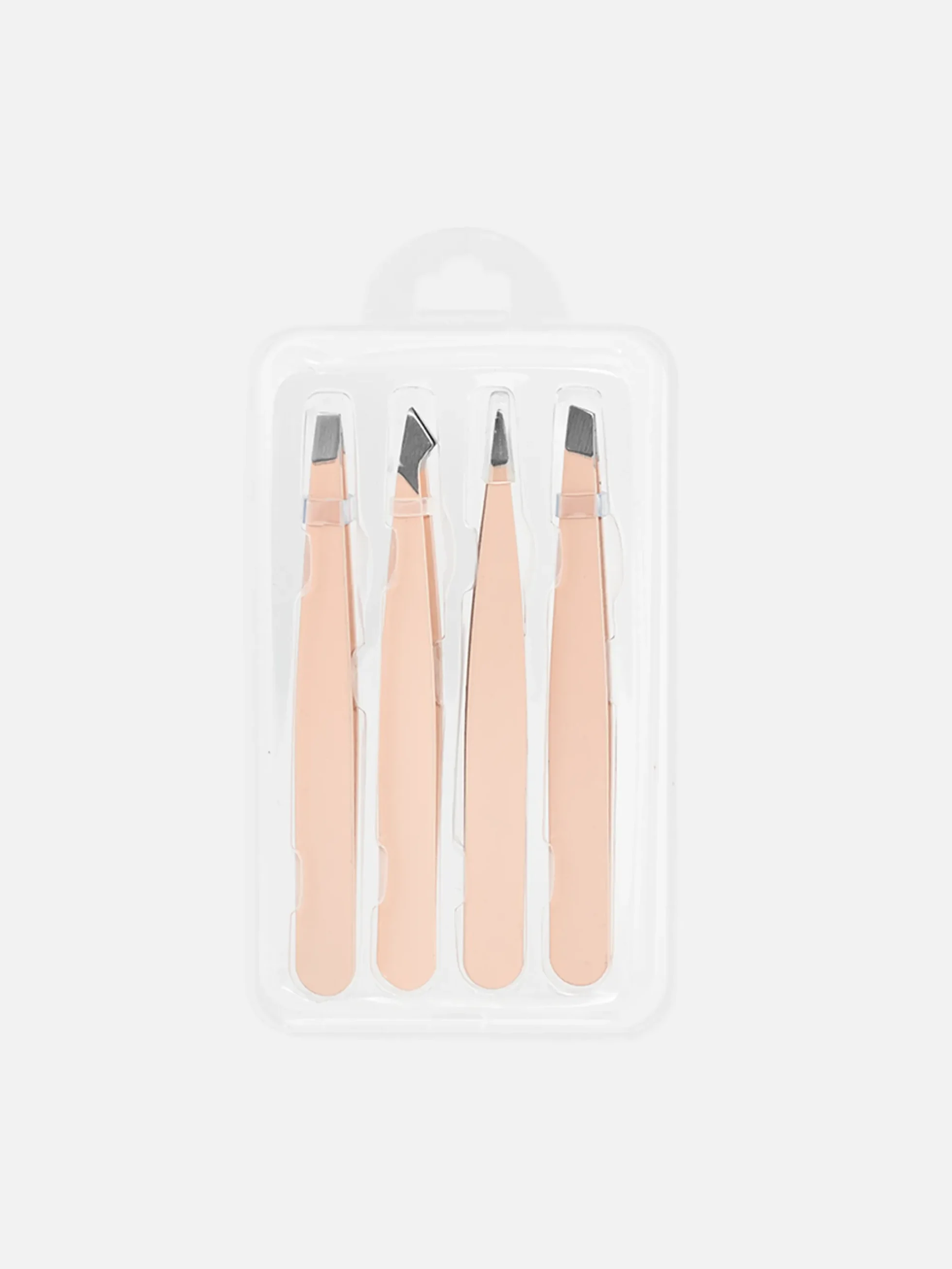 Beige tweezer set med fyra pincetter för exakt skönhetsvård.