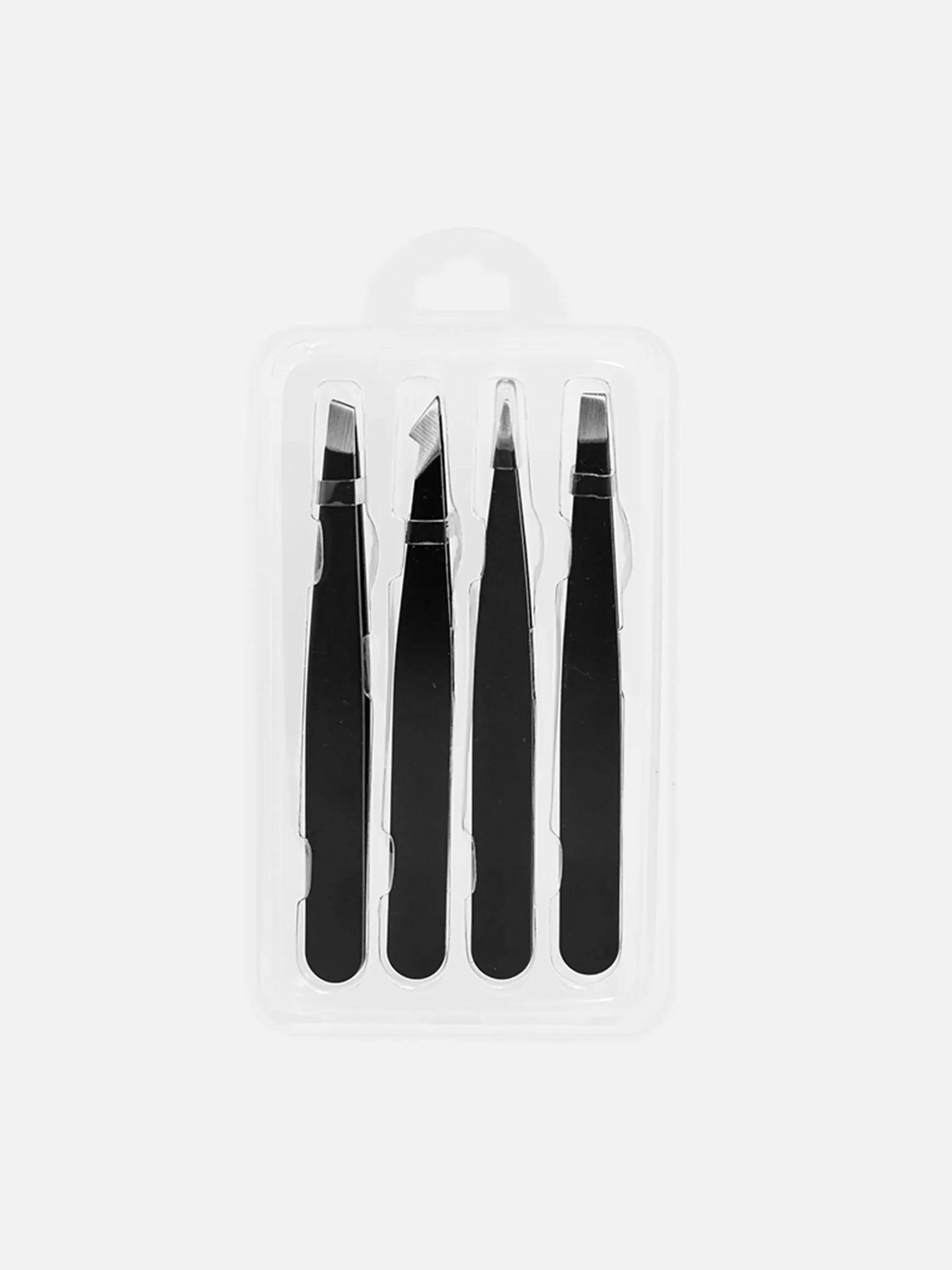 Svart tweezer set med fyra pincetter för professionell plockning.