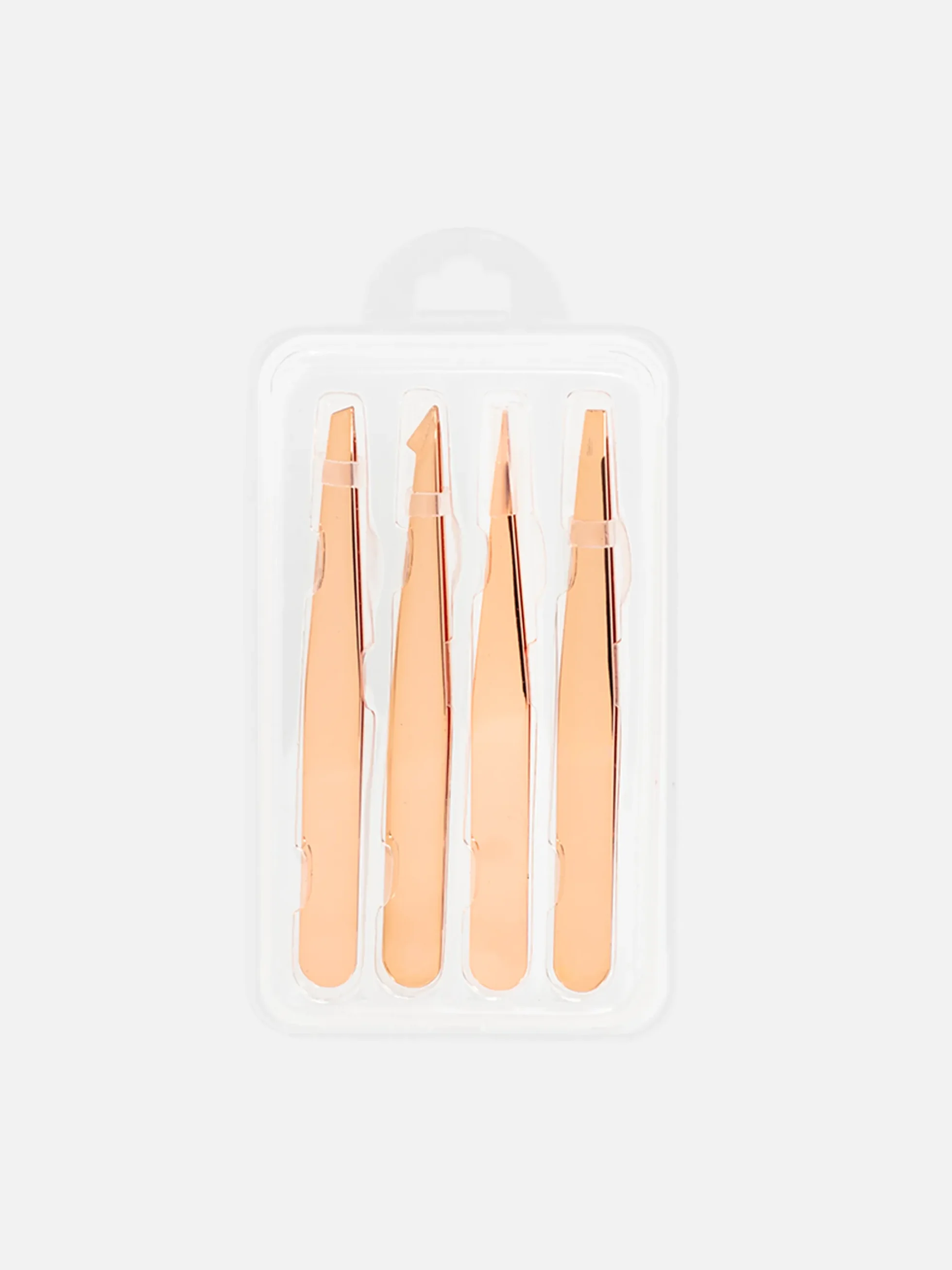 Rose gold tweezer set med fyra eleganta pincetter för precisionsplockning.