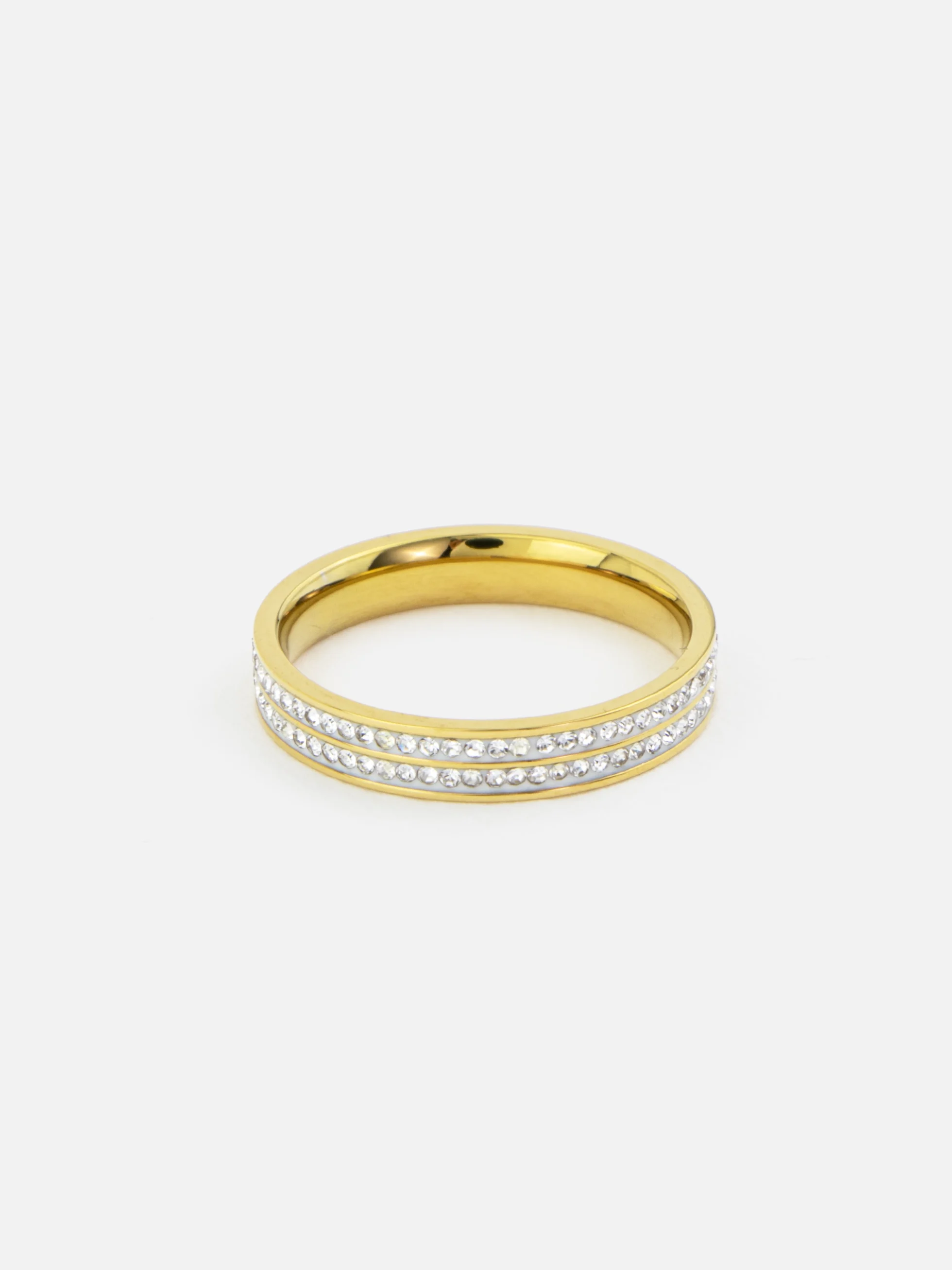 18K guldpläterad rostfritt stålring med dubbelrad cubic zirconia, elegant design för känslig hud och modeintresserade kvinnor.